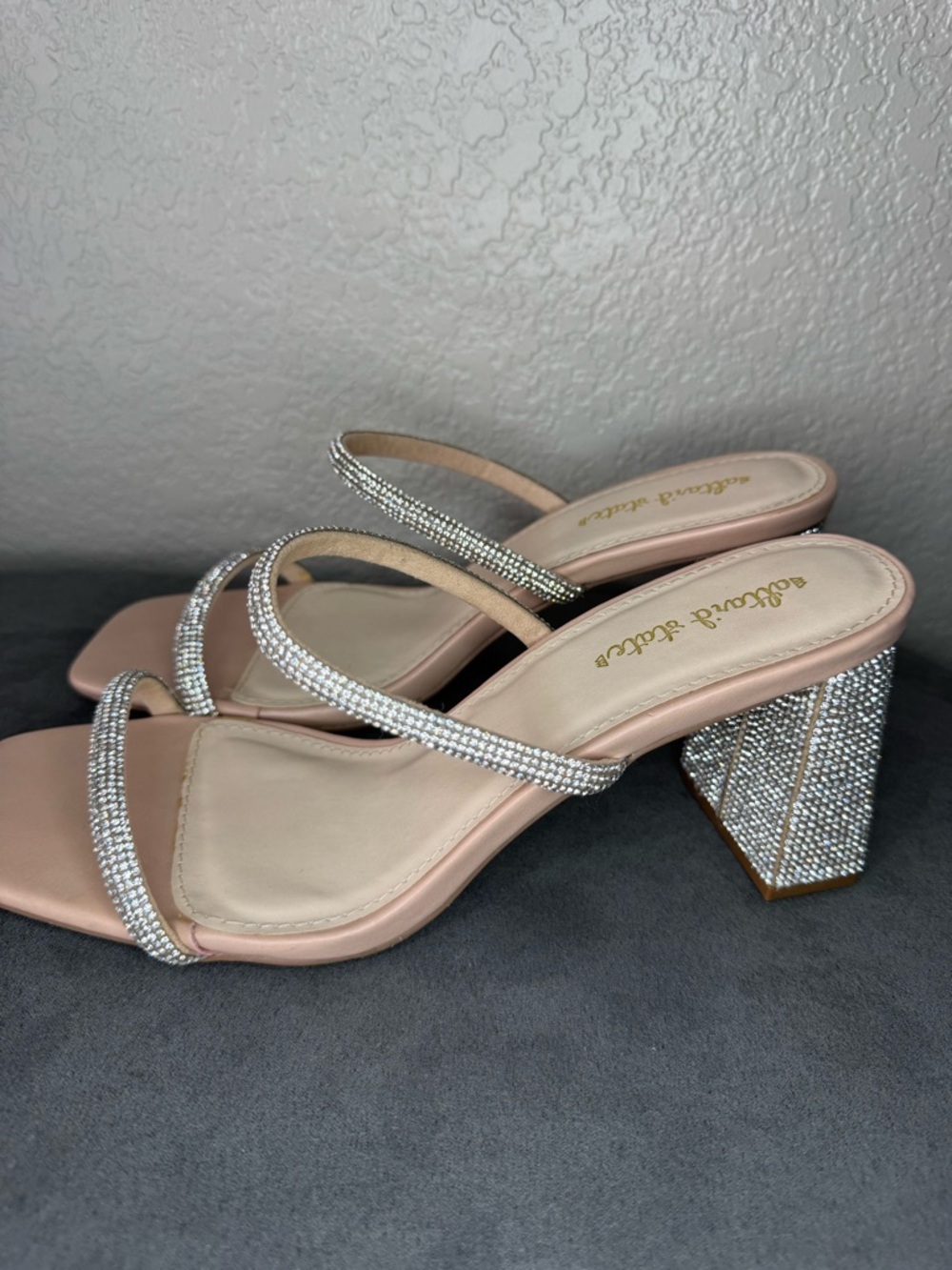 Altar’d State Rhinestone Block Heel Slide Sandals Nude Sparkly Heels Size 9